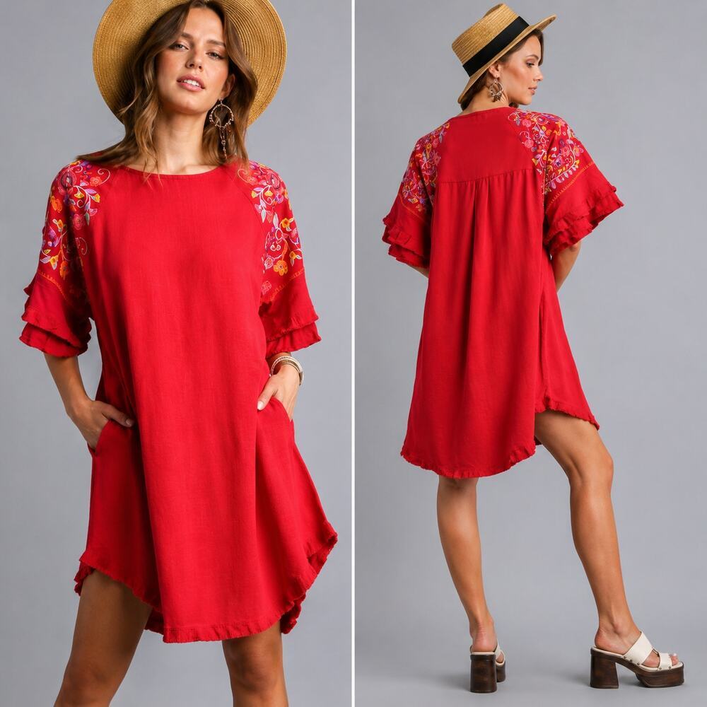 Umgee Linen Blend Shift Dress Large Floral Embroidered Bell Sleeve Boho Artisan